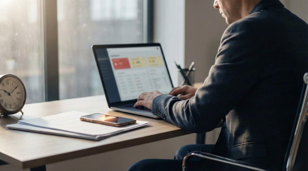 Reputation monitoring daily opportunity cost - professional businessman working urgently with clock symbolizing time-sensitive nature of reputation management and missed business opportunities