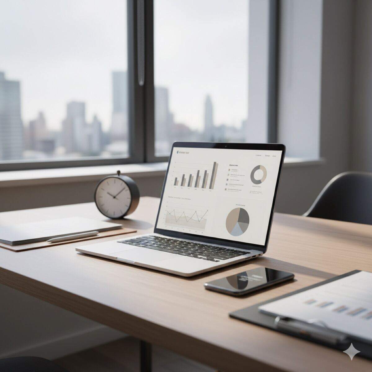 Reputation monitoring and online reputation tracking - professional workspace with analytics dashboard showing real-time monitoring of digital presence and brand mentions