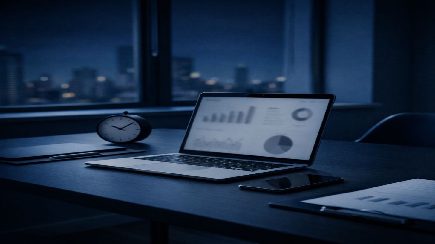 مراقبة السمعة - لا تعرف ما يُقال عنك على الإنترنت - متخصص قلق يشاهد حاسوباً محمولاً يعرض مراجعات سلبية مخفية وإشارات غير مكتشفة تمثل تهديدات سمعية تتطلب أدوات مراقبة شاملة وخدمات تتبع احترافية