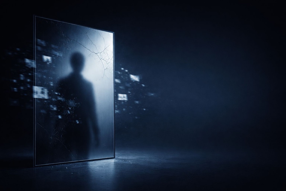 حماية السمعة الإلكترونية - لوح زجاجي رقمي متصدع مع صورة ظلية بشرية ضبابية وشظايا بيانات متناثرة تمثل سمعة إلكترونية معرضة للخطر