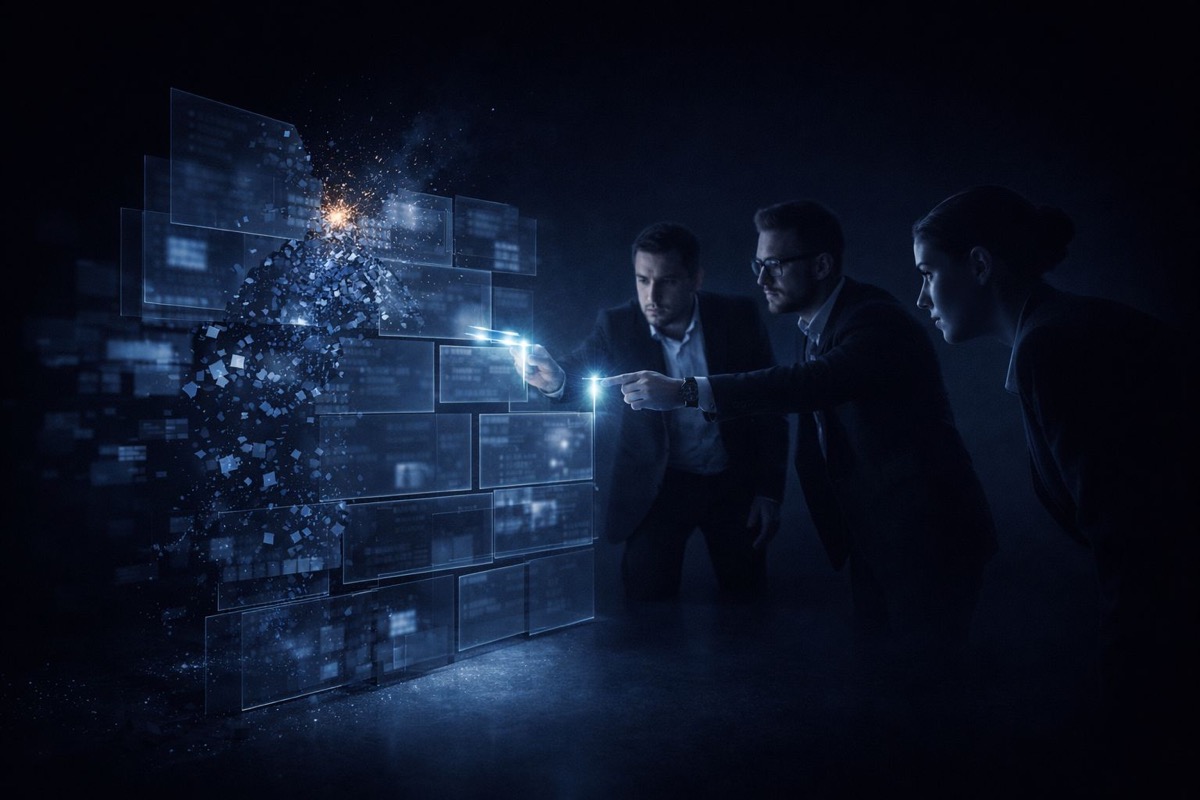 حماية السمعة لماذا التصرف الآن - جدار درع رقمي يتحطم ويتفكك بينما يحاول فريق احتواء أزمة السمعة مما يظهر أهمية الحماية الاستباقية