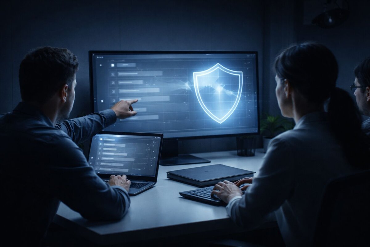 Review removal problem reputation damage - cybersecurity professionals analyzing negative review threats on monitoring screen with shield protection interface