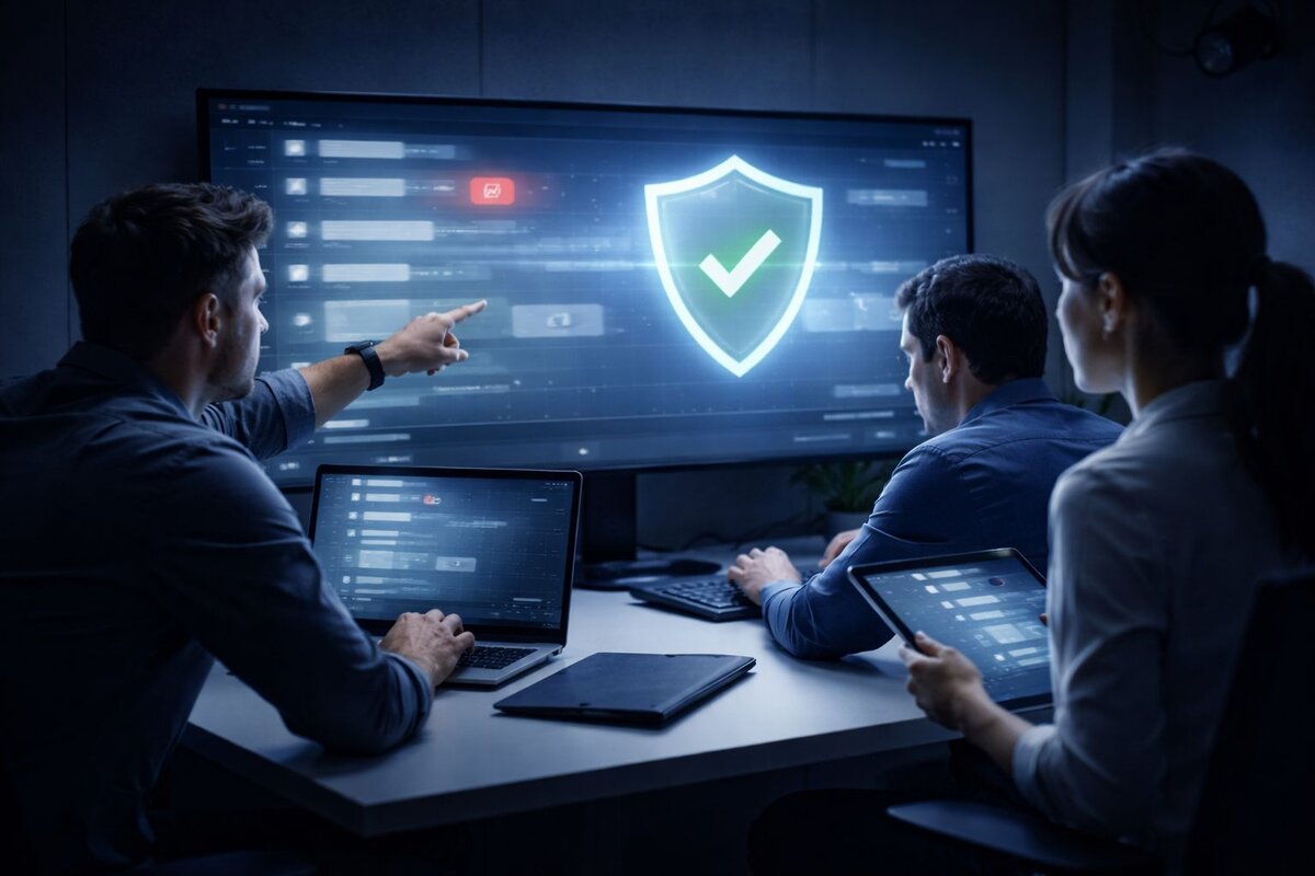 review removal urgency - cybersecurity professionals analyzing negative review threats on monitoring screen with shield protection interface
