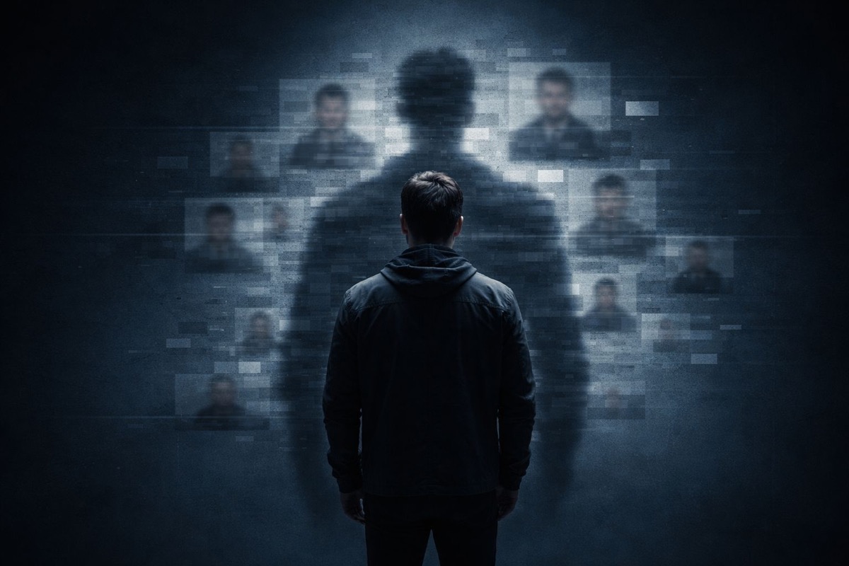 Sabıka fotoğrafı silme dijital sabıka kaydı etkisi - internetteki pikselleşmiş sabıka fotoğrafları karşısında duran kişinin arkadan görünümü