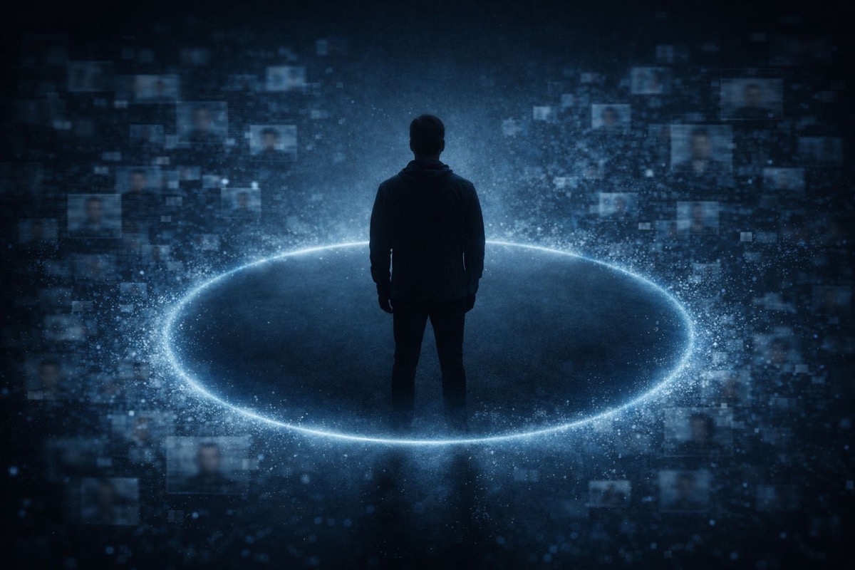 Sabıka fotoğrafı silme acil kayıt temizleme - dijital sabıka kayıtları ışık halkası içinde silüet figürü çevreliyor