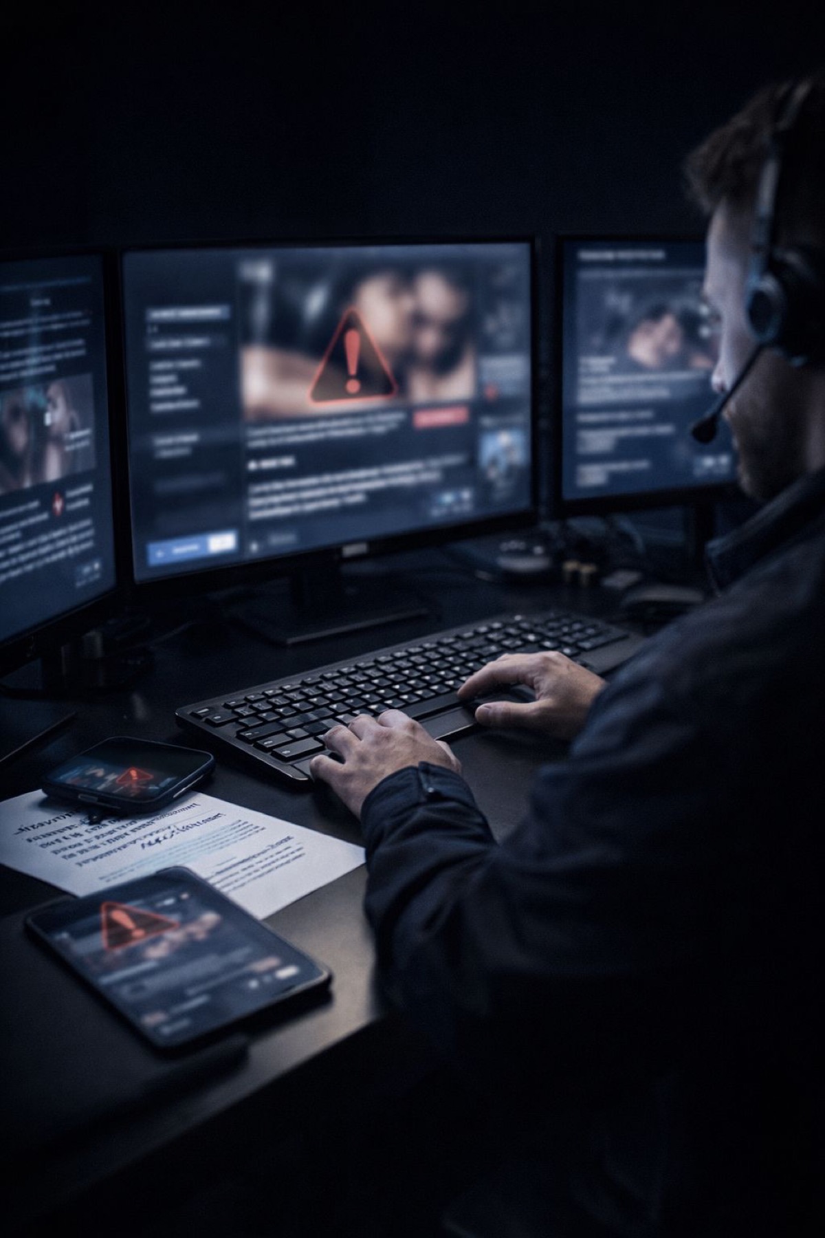 Sextortion prevention solution - expert with headset monitoring multiple screens with warning alerts tablet and phone in dark cybersecurity operations center