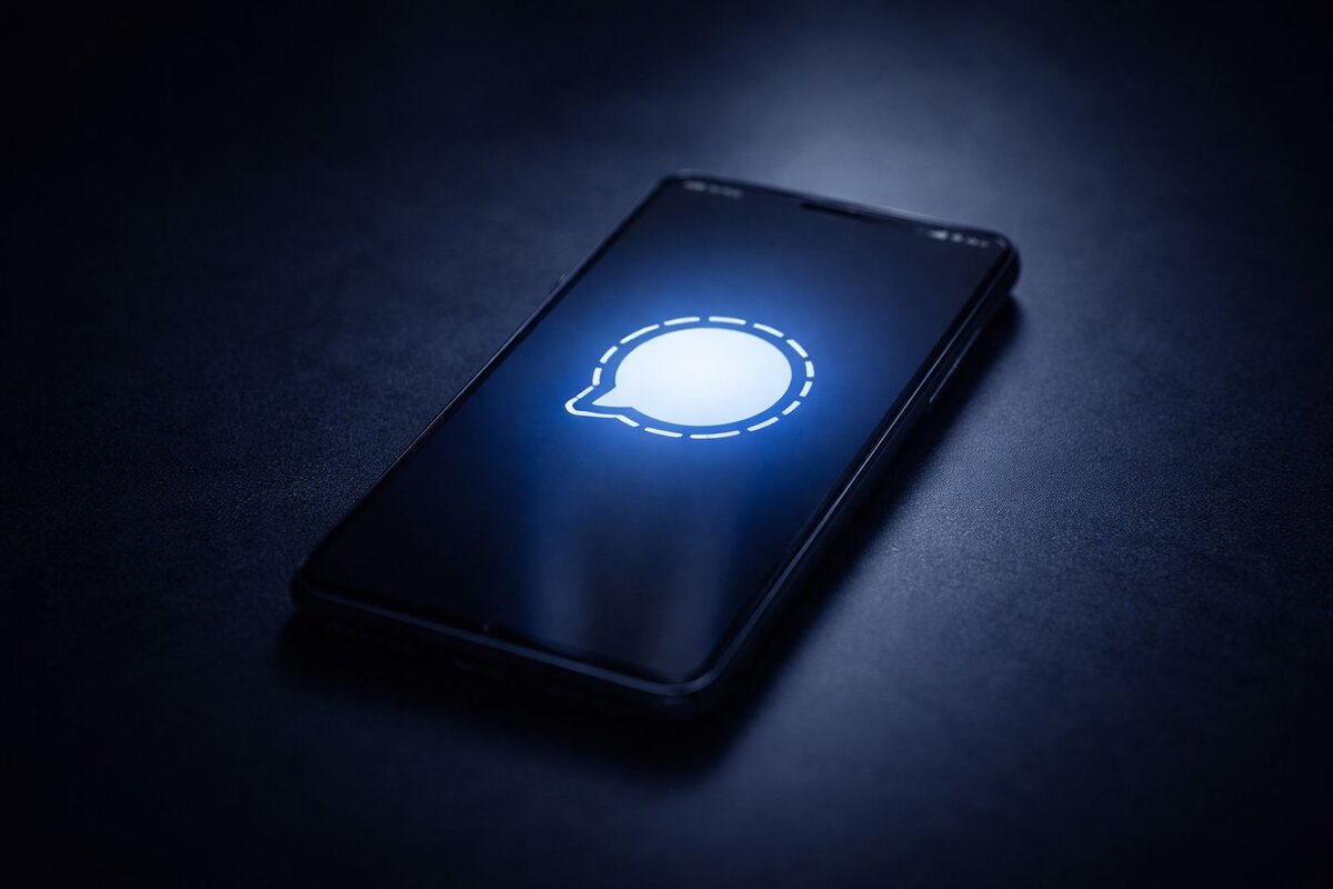 Signal app şantajı problem - karanlık yüzeyde parlayan mavi Signal uygulaması logosu ile şifreli mesajlaşma uygulaması ekranı şantaj tehdidini gösteriyor