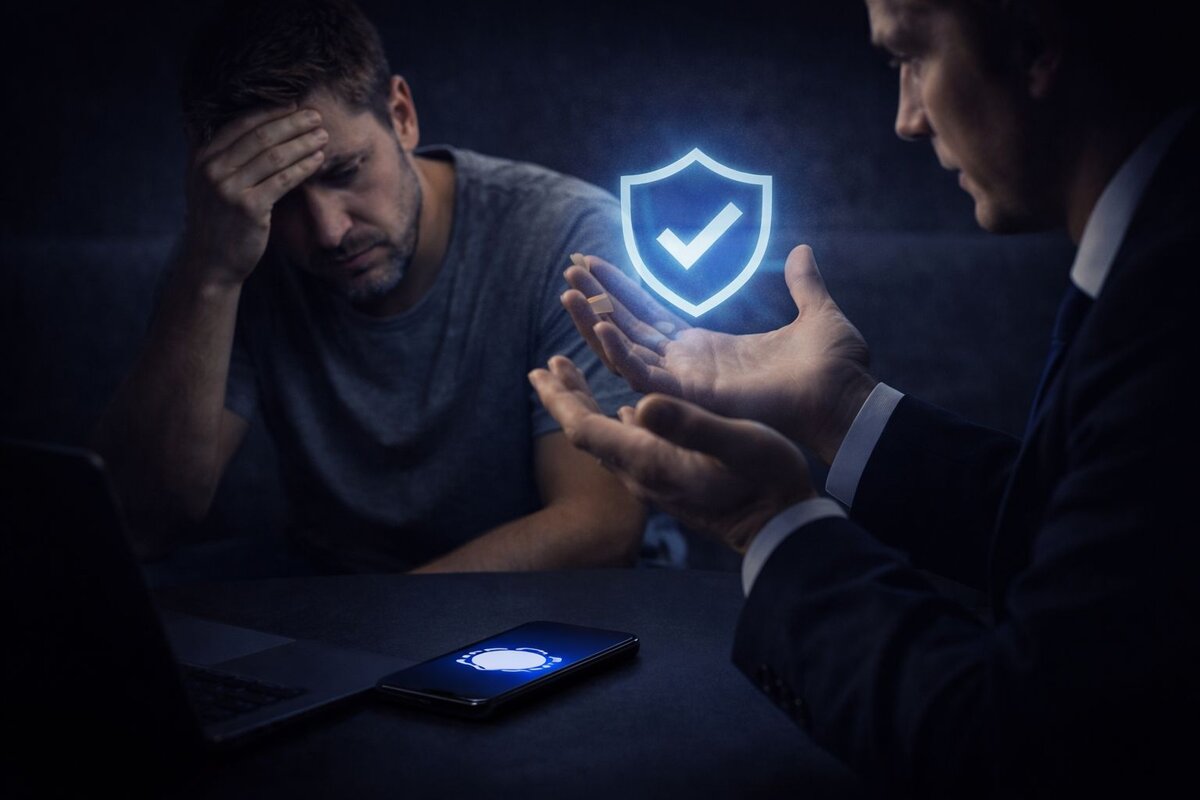 Signal app şantajı çözüm süreci - karanlık ofiste laptop ve Signal logolu telefon önünde mağdura mavi güvenlik kalkanı holografi ile koruma sunan takım elbiseli siber güvenlik uzmanı danışmanlığı