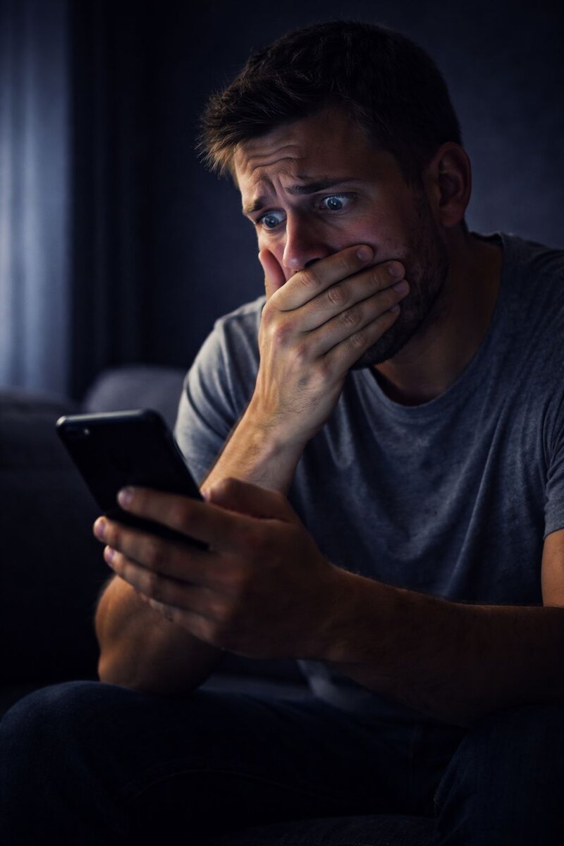 Signal app şantajında neden hemen harekete geçmelisiniz - karanlık odada kanepede otururken elinde telefon ekranına şokla bakan ağzını eliyle kapatan endişeli mağdur acil müdahale gerekliliğini gösteriyor