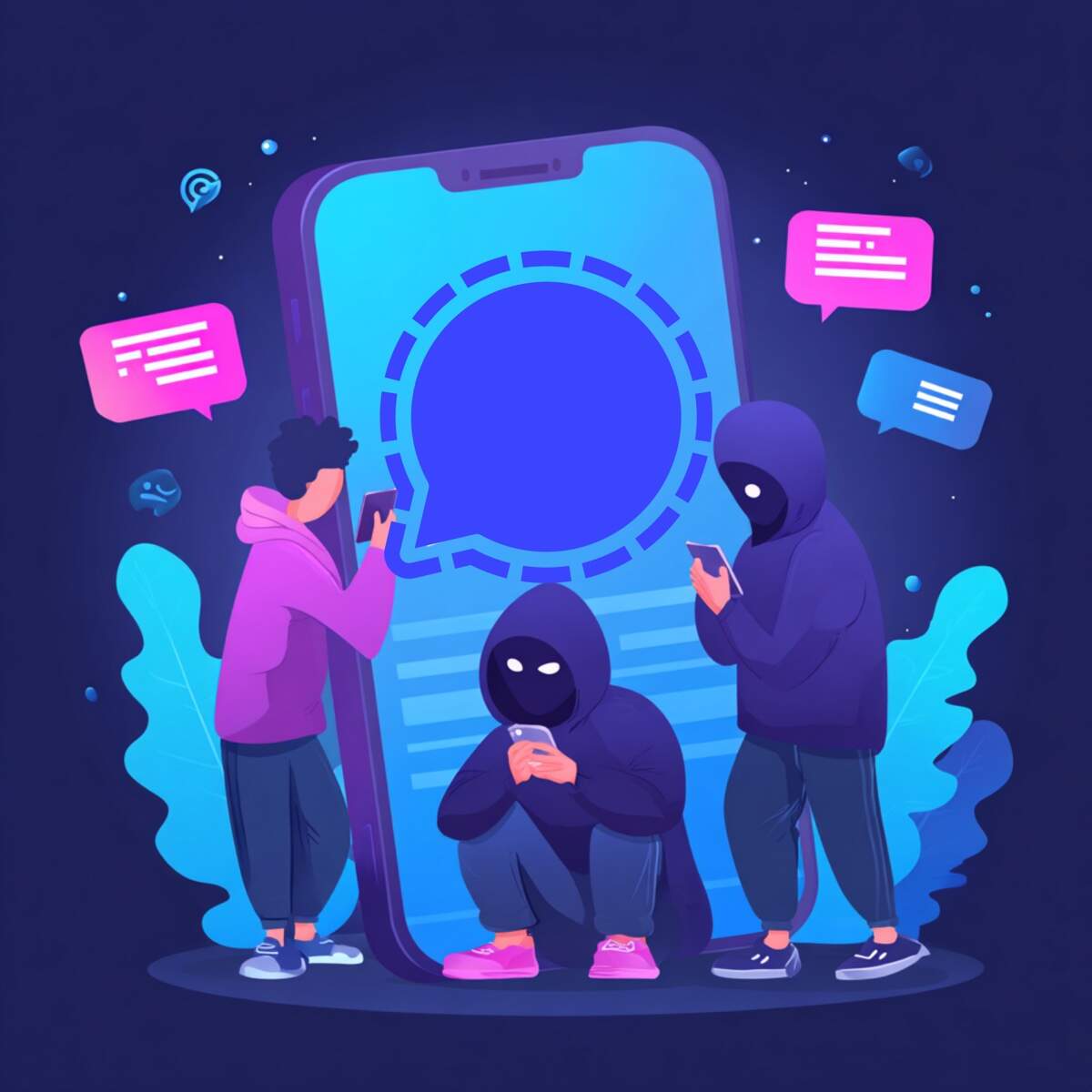 Signal app scams expert help - vulnerable users and cybercriminals around messaging platform interface requiring professional cybersecurity intervention to protect against encrypted communication fraud
