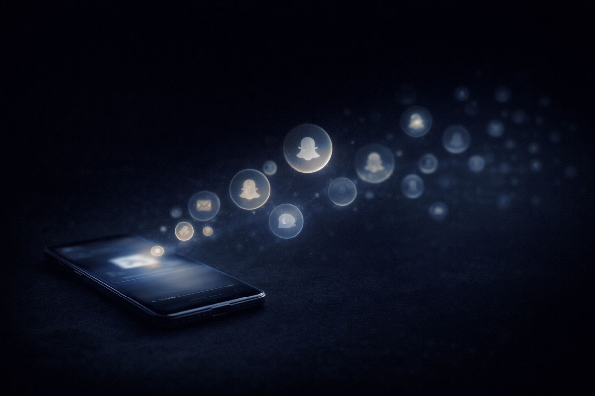 خدمات إزالة DMCA من سناب شات - هاتف ذكي مع أيقونات شبح سناب شات المتوهجة وفقاعات الإشعارات تطفو للأعلى تمثل انتشار المحتوى المسروق عبر المنصة