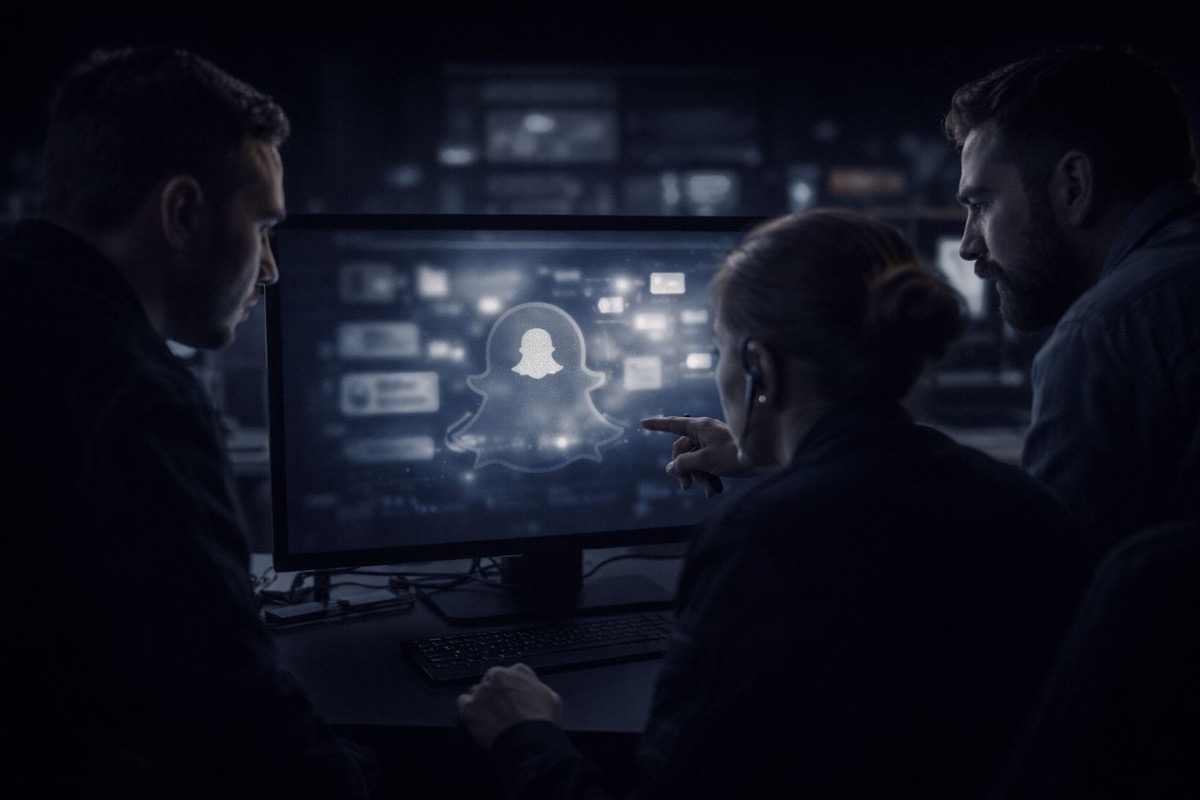 خدمات إزالة DMCA من سناب شات - فريق يتتبع أضرار المحتوى المسروق من سناب شات على شاشة مع شعار شبح سناب شات وشاشات رقمية في مركز عمليات مظلم