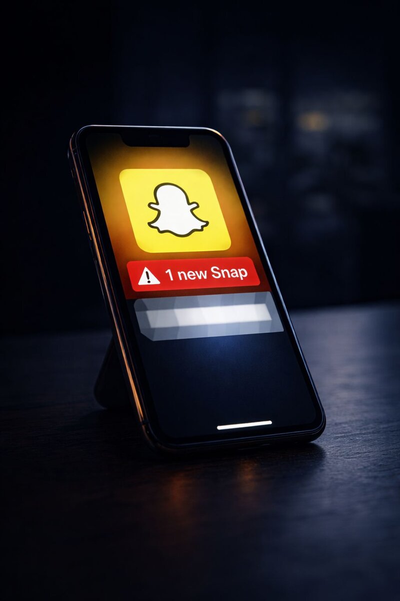 Snapchat şantajı problem - karanlık ortamda akıllı telefon ekranında Snapchat logosu ve yeni snap uyarı bildirimi şantaj tehdidini gösteriyor