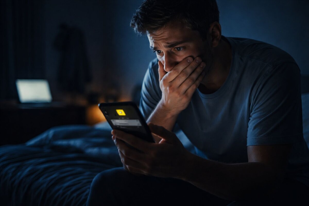 Snapchat şantajı neden hemen harekete geçmelisiniz - karanlık yatak odasında telefonunda Snapchat bildirimi gören endişeli mağdur ağzını eliyle kapatıyor