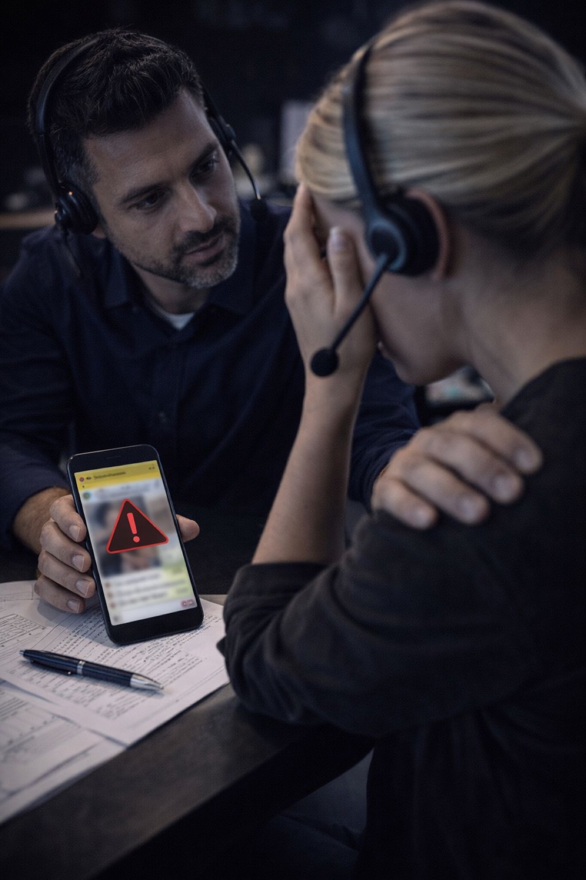 حل الابتزاز الجنسي على سناب شات - خبير يرتدي سماعة رأس يعرض أدلة تهديد سناب شات على الهاتف مع تنبيه تحذيري لزميل يراجع مستندات القضية