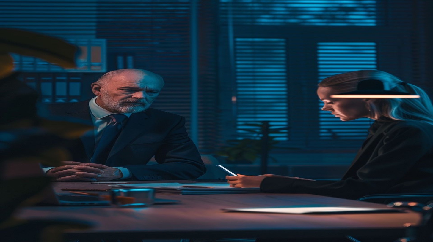 لماذا يتطلب ابتزاز Somatch مساعدة متخصصة - مستشار أزمات كبير يجري اجتماع استشاري مهني جاد مع الضحية يقدم التوجيه المتخصص والدعم القانوني في بيئة مكتبية