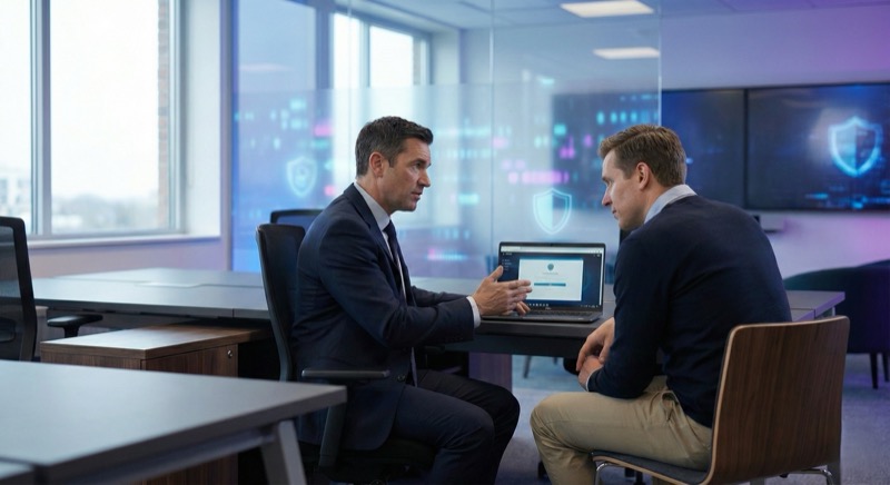 Stop blackmail expert consultation - cybersecurity professional providing confidential victim support in secure office