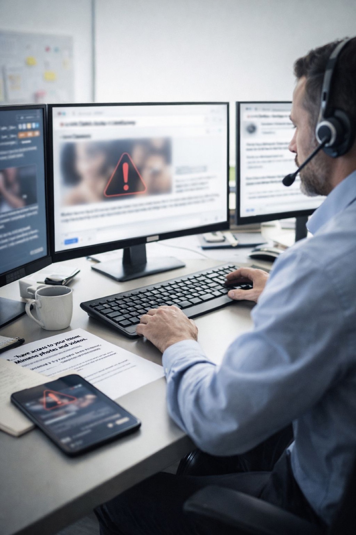 حل إيقاف الابتزاز الجنسي عبر البريد الإلكتروني - خبير بسماعة رأس يحلل رسائل التهديد على شاشات متعددة مع تنبيهات تحذيرية وهاتف ووثيقة مطبوعة على المكتب