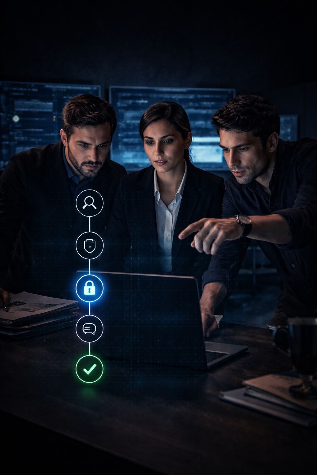 حل ابتزاز Sugar Baby - فريق يحلل عملية حماية الأمان على كمبيوتر محمول مع أيقونات سير العمل في مركز عمليات الأمن السيبراني