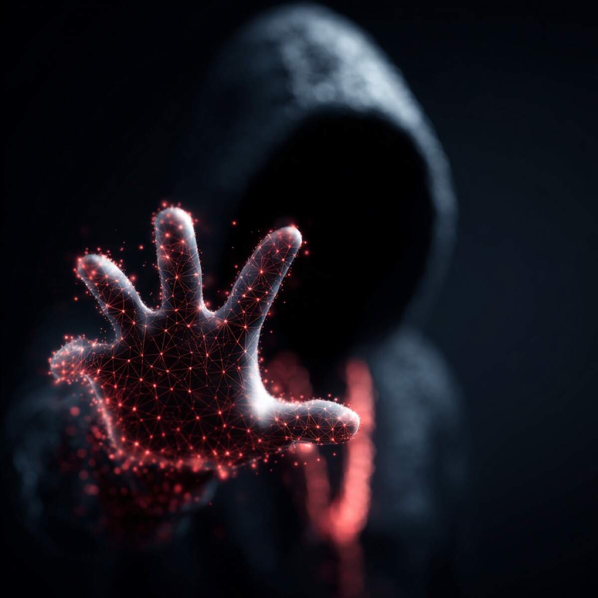 Tanchat blackmail targets random video chat users - hooded cybercriminal with digital hand manipulation targeting random chat platform users to record intimate conversations for extortion schemes