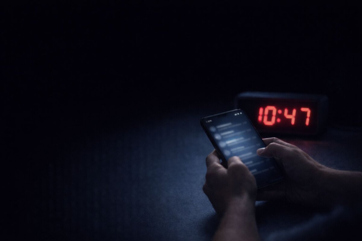 Tanchat şantajında neden hemen harekete geçmelisiniz - karanlık odada gece 10:47'de kırmızı dijital saatin yanında telefonda Tanchat mesajlarına bakan endişeli mağdurun elleri acil müdahale gerekliliğini gösteriyor
