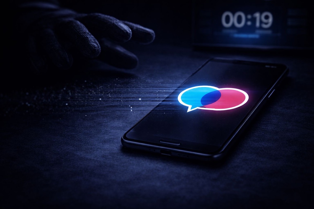 Tandem şantajı acil geri sayım tehdidi - telefondaki Tandem baloncuklarına uzanan karanlık el ve geri sayım sayacı ile acil müdahale