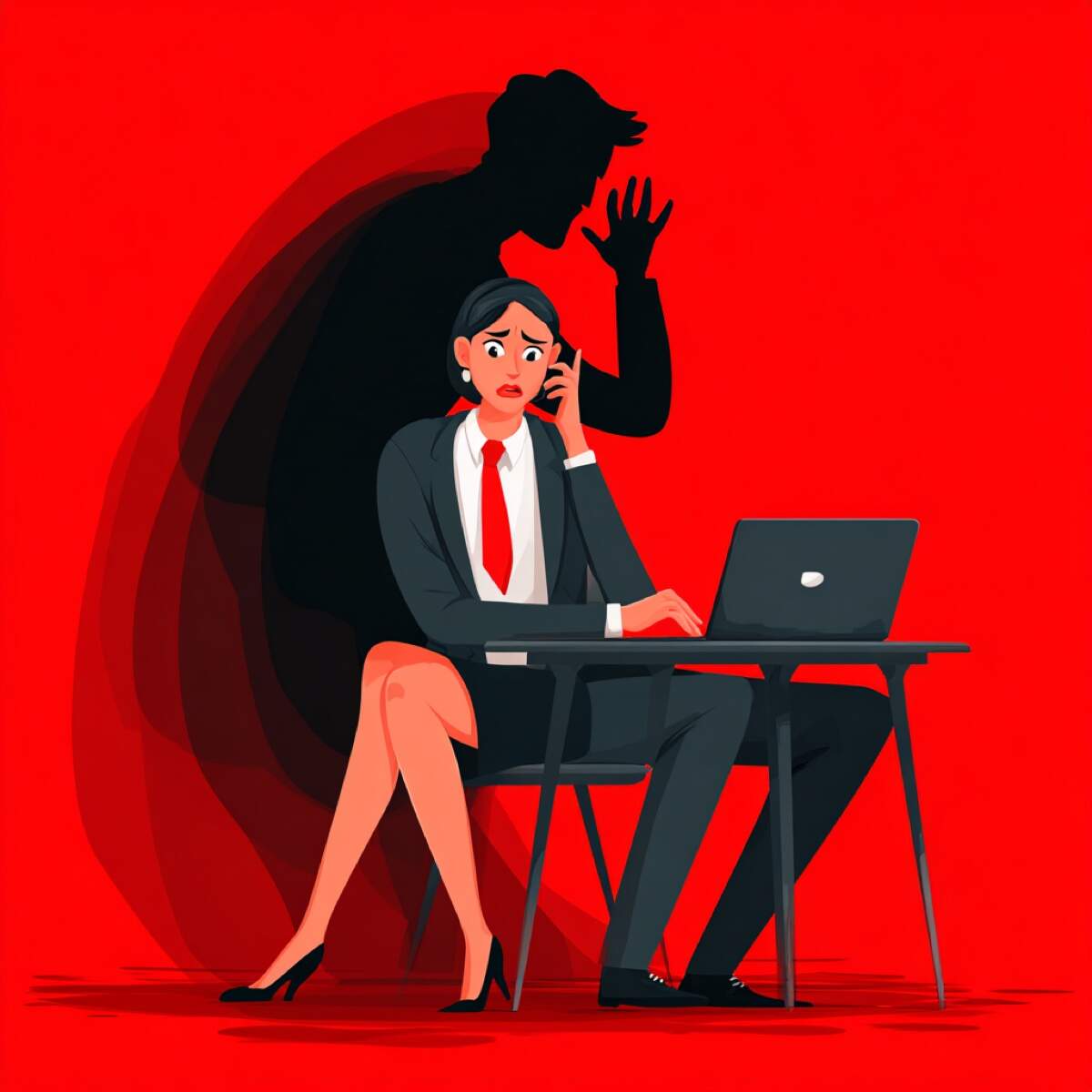 Tango blackmail expert help - professional woman facing threatening shadow representing sophisticated blackmail schemes requiring expert intervention