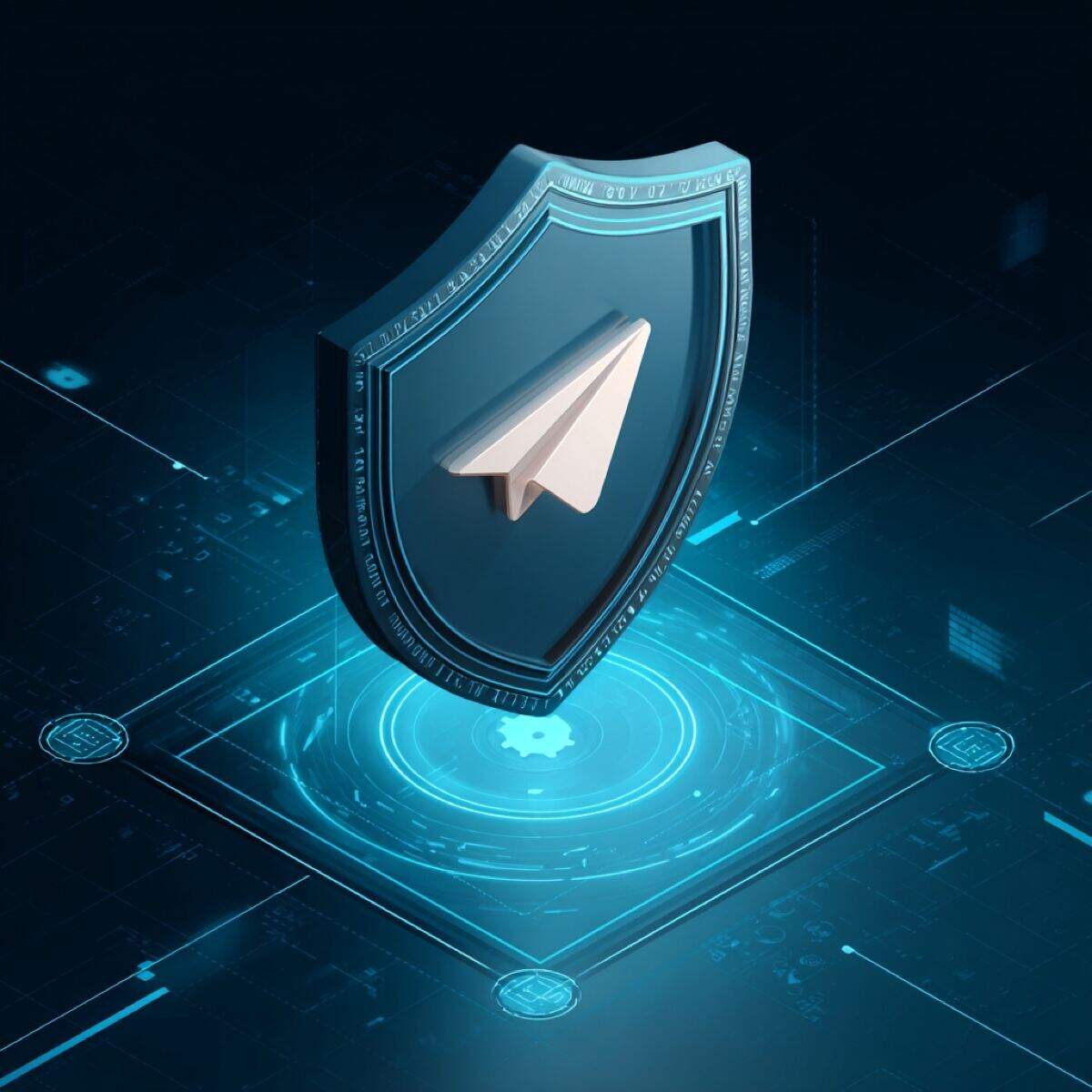 Telegram advanced content protection solutions - futuristic shield with Telegram logo on technological platform representing comprehensive security systems and monitoring capabilities