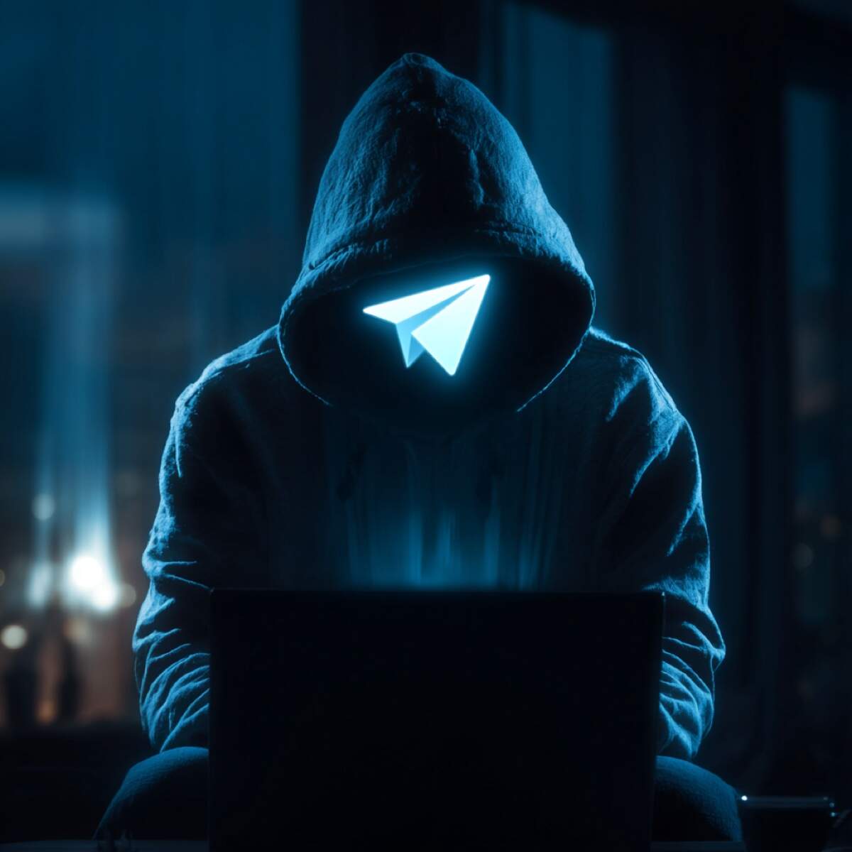 Telegram blackmail immediate action - hooded cybercriminal using Telegram's encrypted messaging for blackmail threats