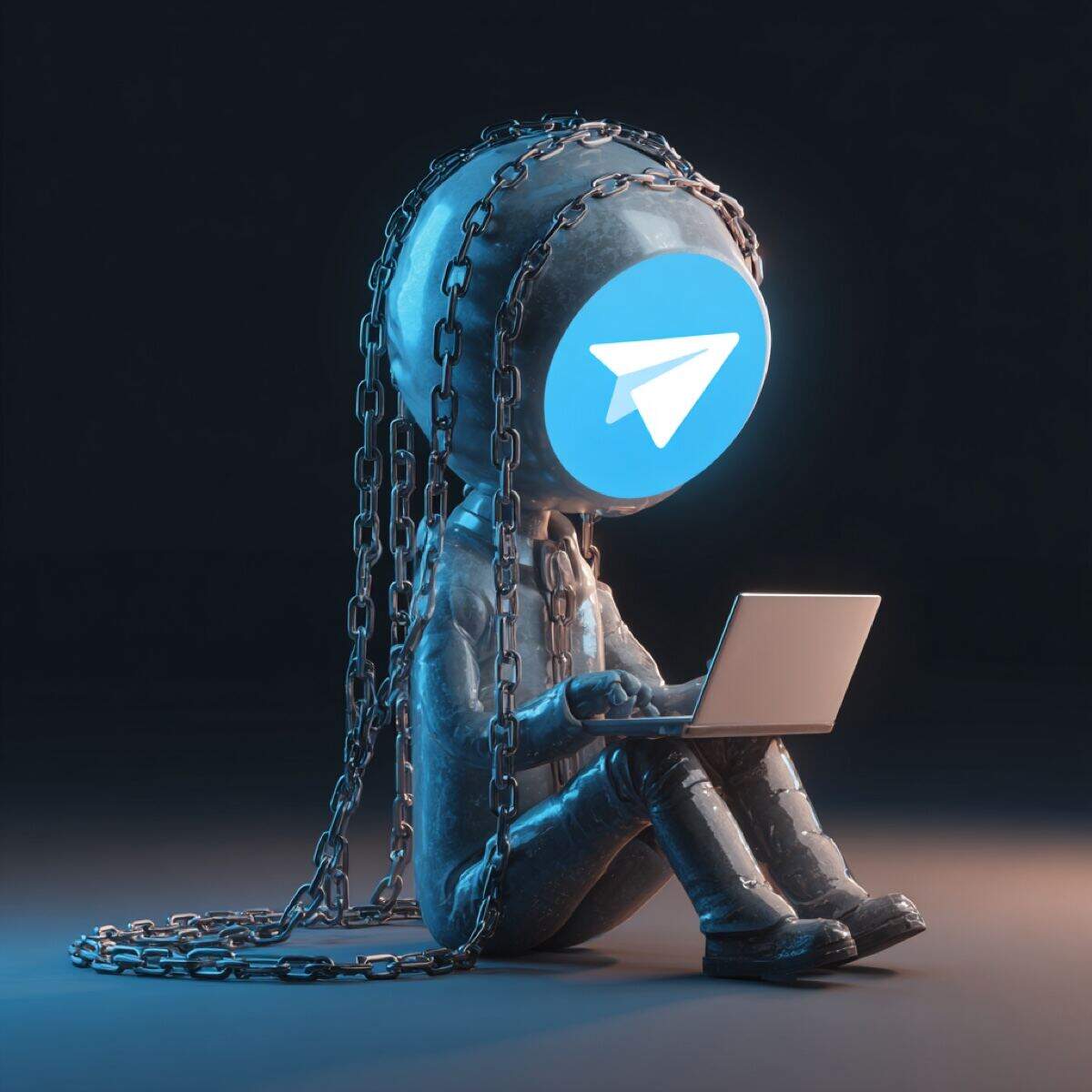 Telegram DMCA copyright infringement crisis - chained figure with Telegram logo and laptop representing encrypted piracy networks and copyright theft