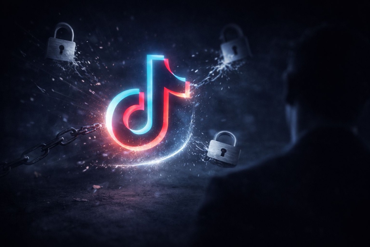 TikTok şantaj tehdidi - parlayan TikTok logosu etrafında zincirler ve kilitler ile karanlık silüet figür şantaj riski