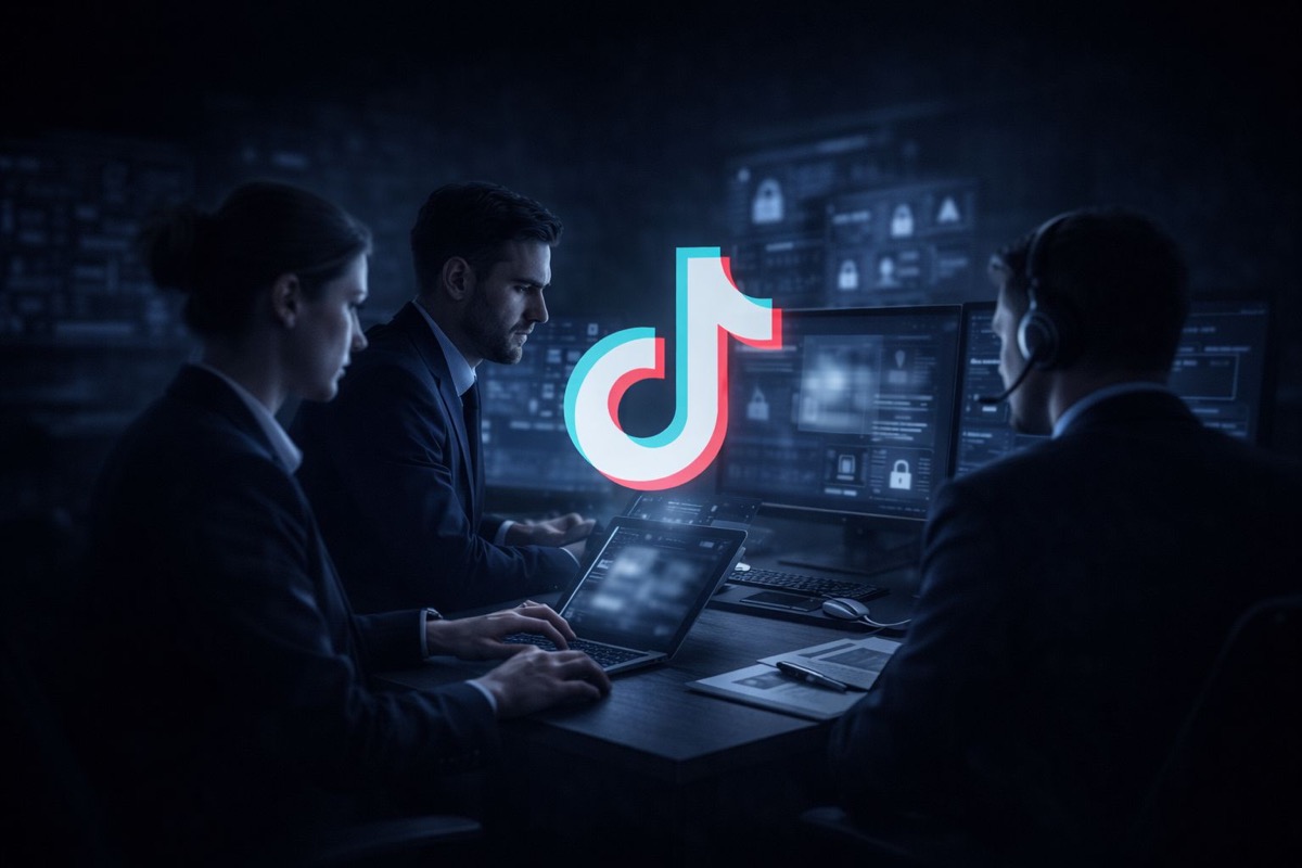 TikTok şantaj acil müdahale - profesyonel ekip TikTok logosu önünde monitörlerde şantaj analizi yaparak acil müdahale sürecinde