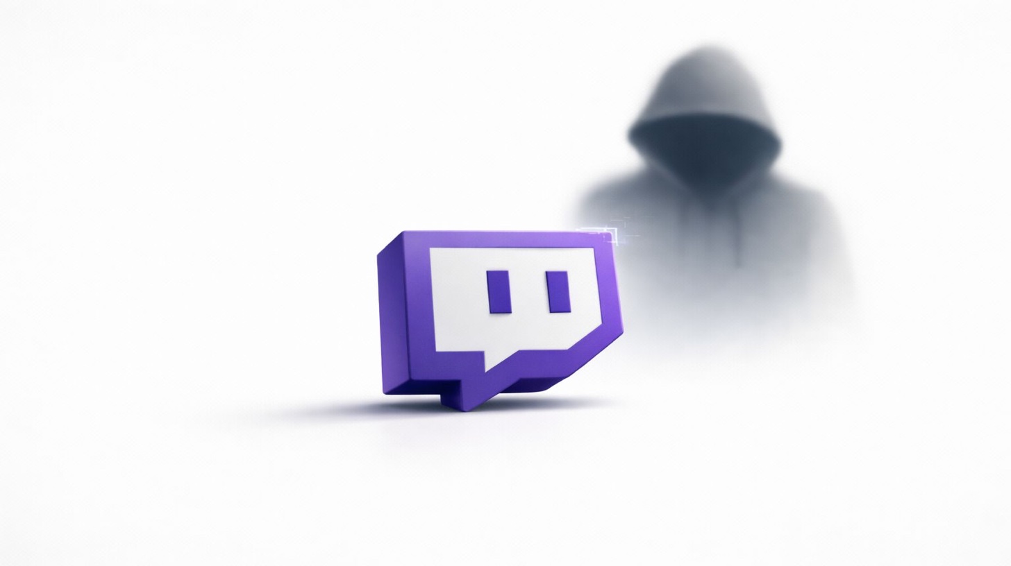 تحدي انتهاك حقوق النشر DMCA في Twitch - أيقونة شعار فقاعة الدردشة البنفسجية لـ Twitch مع شخصية ظل ضبابية تمثل المذيعين الذين يسببون انتهاكات حقوق النشر وضيق صانعي المحتوى من الاستخدام غير المصرح به