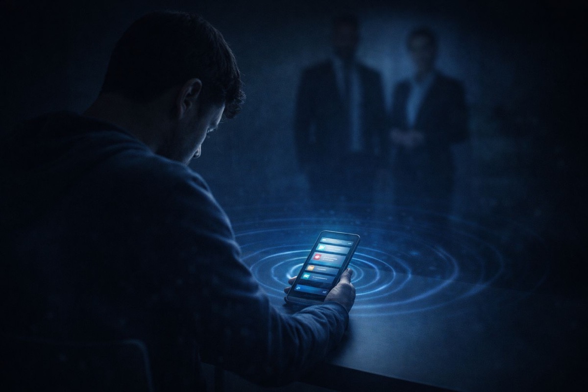 إزالة المحتوى غير المصرح به - شخص يشاهد إشعارات محتوى غير مصرح به على الهاتف الذكي مع أشكال مظلمة تمثل تهديدات الخصوصية والمراقبة الرقمية