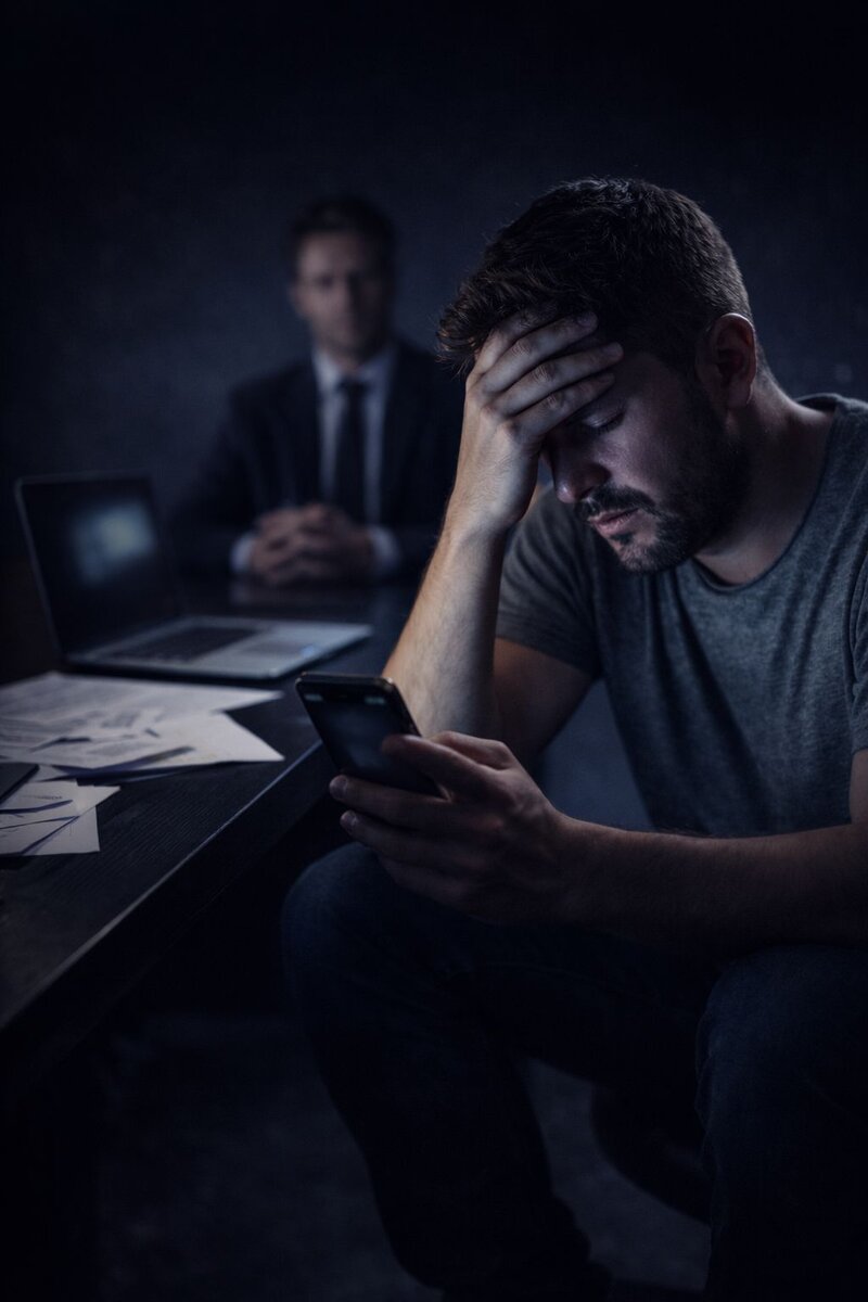 Uzlaştırıcı avukat cinsel dolandırıcılığı problem - karanlık odada elinde telefon başını tutarak çaresizce oturan bunalmış mağdur arka planda sahte avukat ofisi takım elbiseli figür ve dağınık belgeler