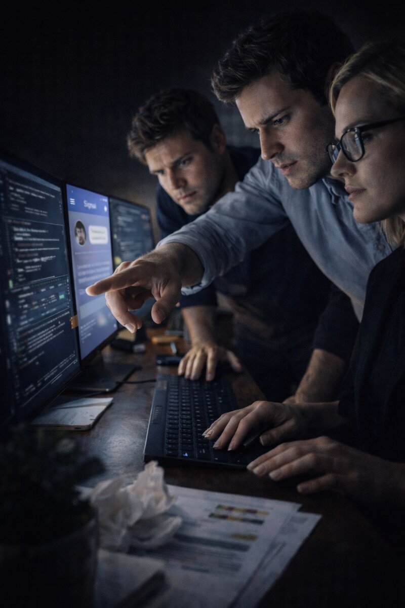 Uzlaştırıcı avukat cinsel dolandırıcılığı çözüm süreci - karanlık operasyon merkezinde çoklu monitör önünde 3 kişilik siber güvenlik uzman ekibi sahte avukat şantajı vakasını analiz ediyor ve kanıt topluyor