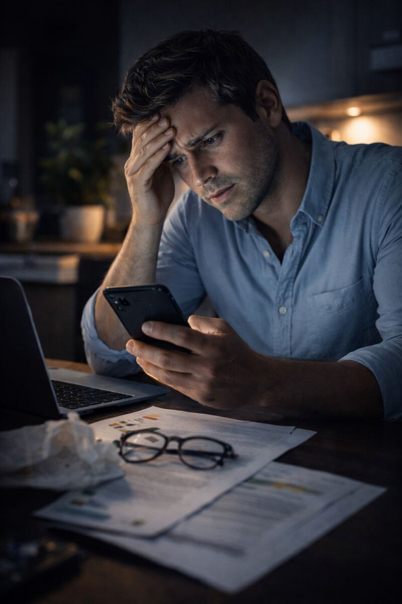 Uzlaştırıcı avukat dolandırıcılığında neden hemen harekete geçmelisiniz - karanlık mutfakta laptop ve dağınık belgeler önünde elinde telefon endişeyle başını tutan mağdur acil müdahale gerekliliğini gösteriyor