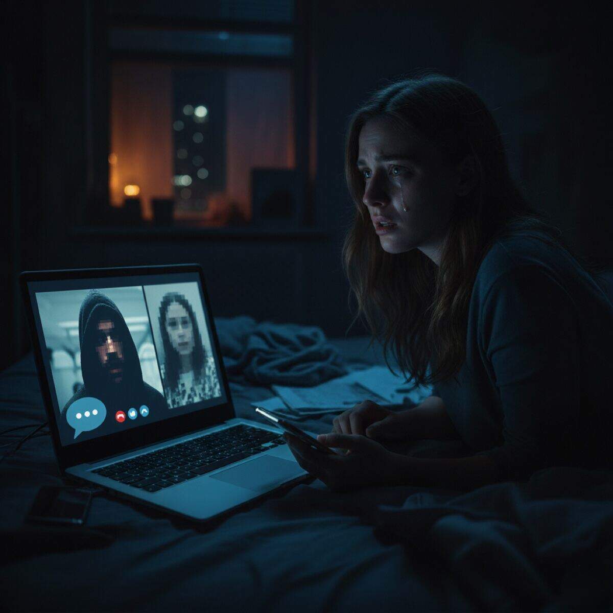 Video call blackmail dangerous cybercrime threat - criminals recording intimate video calls to extort victims with psychological pressure and financial demands
