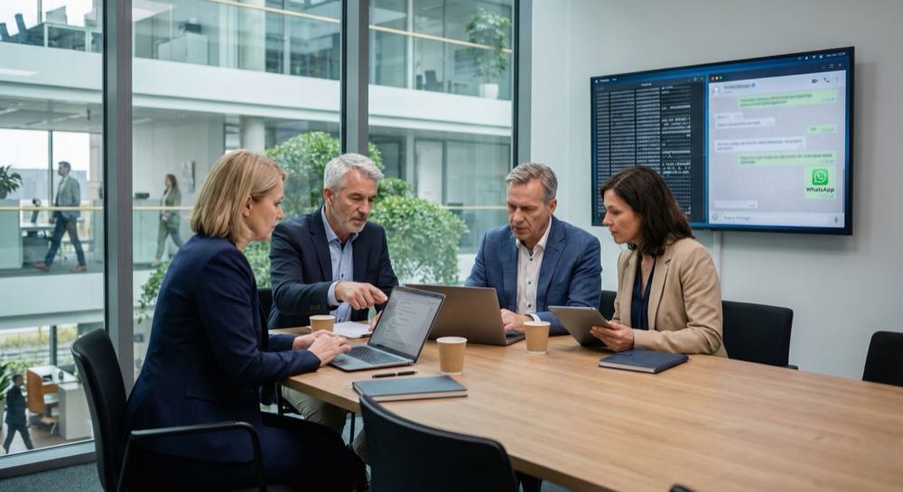 WhatsApp scam resolution process - expert team analyzing fraudulent messages and coordinating recovery strategy in professional office