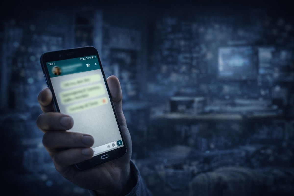 WhatsApp tehdit mesajları tehdidi - karanlık ortamda elde tutulan telefonda WhatsApp sohbet ekranındaki tehdit mesajları