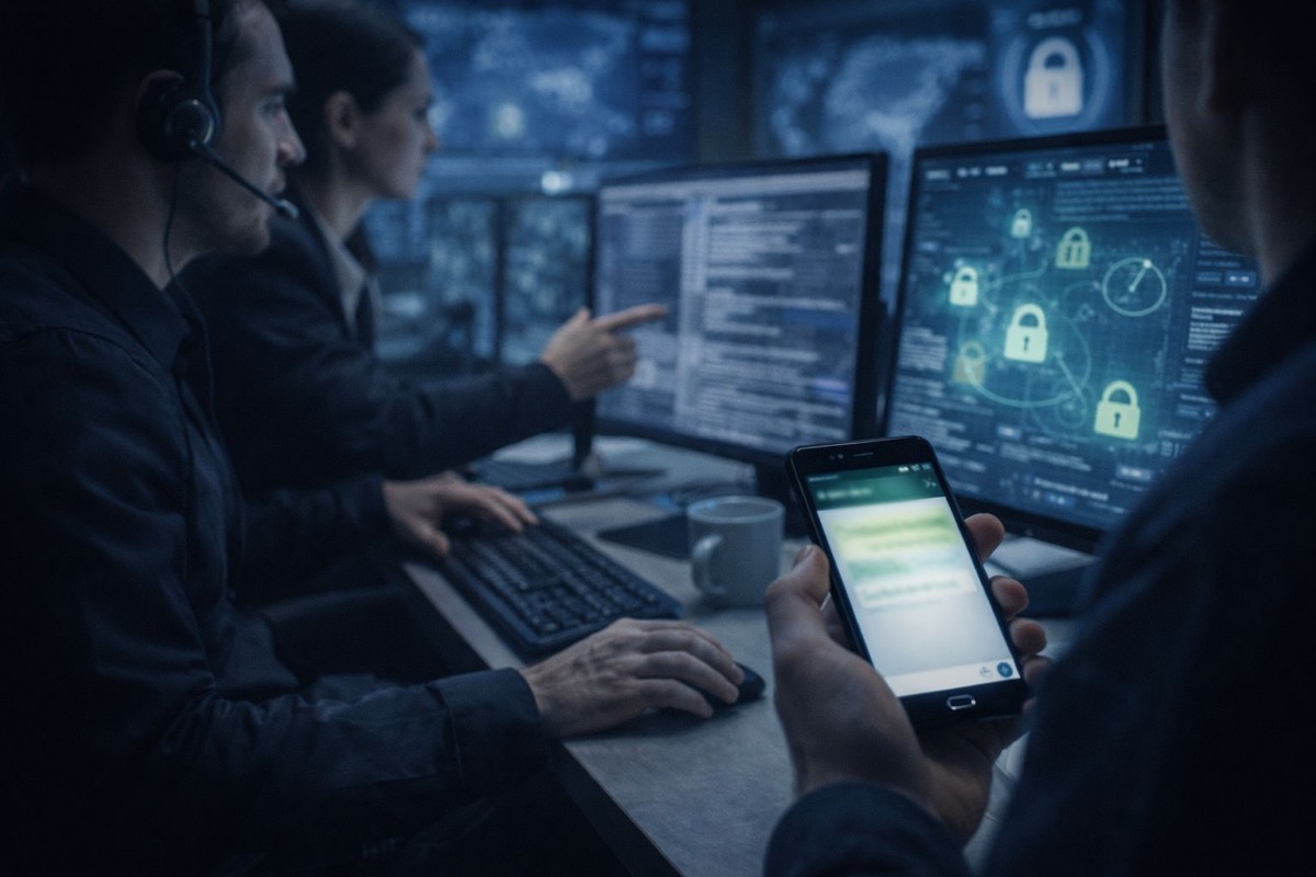 WhatsApp tehdit mesajları çözüm uzman ekip - siber güvenlik merkezinde monitörler önünde WhatsApp mesaj analizi yapan profesyonel ekip