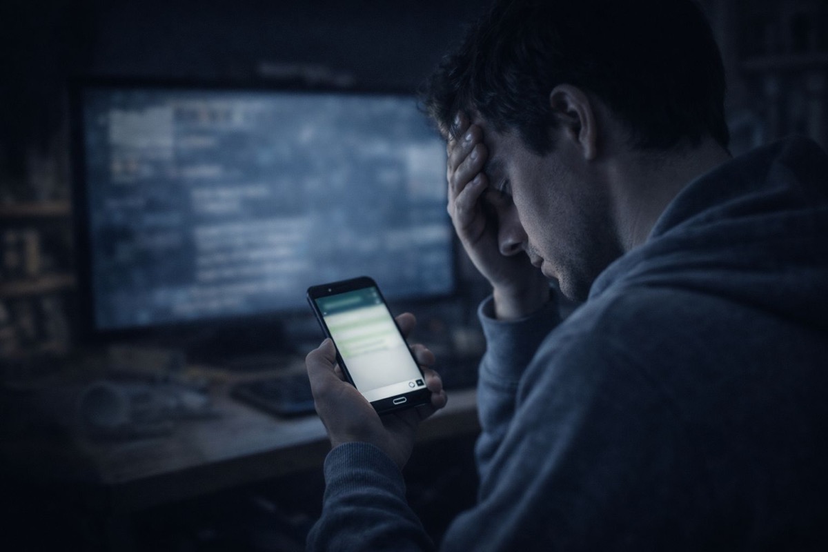 WhatsApp tehdit mesajları acil uyarı - arkadan görünen kişi elinde WhatsApp sohbet ekranı açık telefon ve yüzünü kapatan elle mesaj baskısı tehdidi