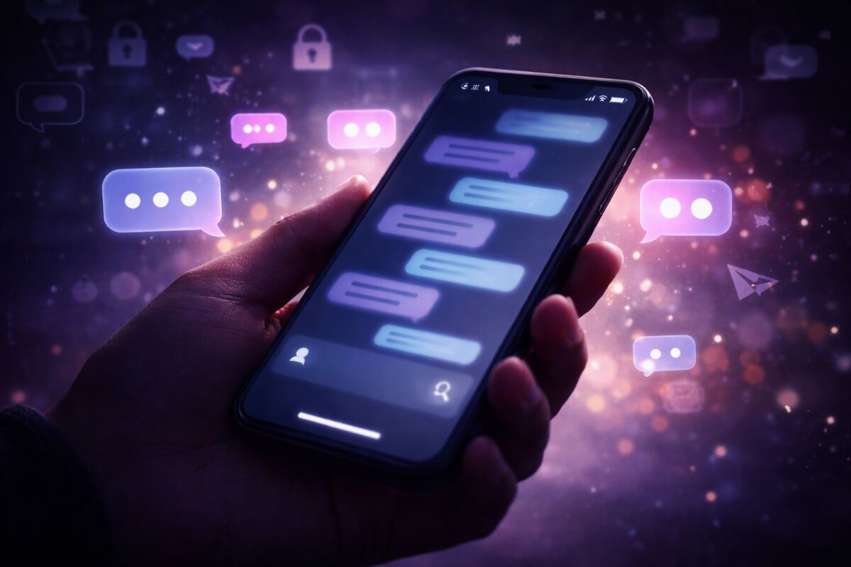 Wizz Chat şantajı problem - elde tutulan akıllı telefon ekranında sohbet mesajları ve etrafta yüzen mor pembe sohbet baloncukları ile kilit ikonları rastgele eşleşme tehdidini gösteriyor