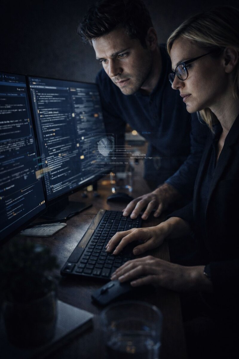 Wizz Chat şantajı çözüm süreci - karanlık operasyon merkezinde çoklu monitör önünde Wizz Chat şantaj vakası analiz eden siber güvenlik uzman ekibi genç hedef koruma protokolü uyguluyor