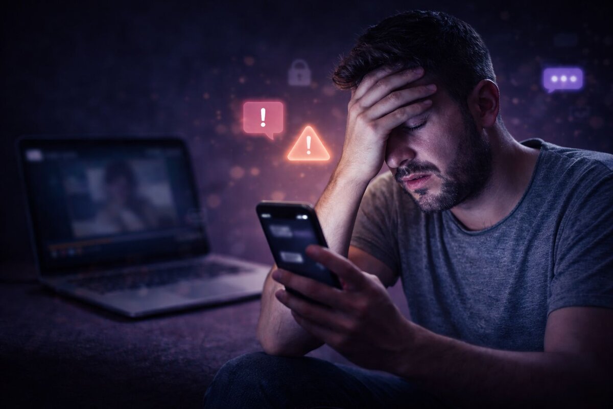 Wizz Chat şantajı neden hemen harekete geçmelisiniz - karanlık odada laptop ekranına bakarken endişeyle başını tutan genç mağdur acil durum bekleme riskini gösteriyor