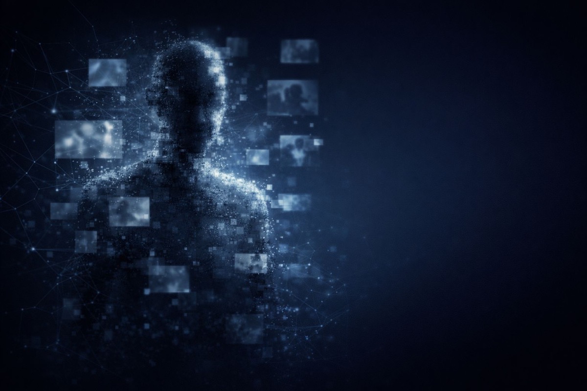 Yapay zeka görüntü şantaj tehdidi - piksellerden oluşan soyut dijital insan silüeti ve etrafında yüzen bulanık görüntü kareleri ile deepfake riski