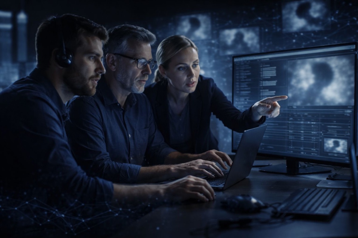 Yapay zeka görüntü şantaj çözüm uzman ekip - profesyonel ekip monitörlerde deepfake görüntü analizi yaparak şantaj durdurma sürecinde