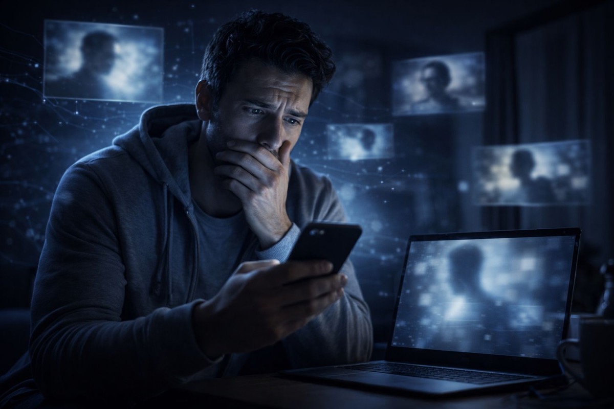 Yapay zeka görüntü şantaj acil uyarı - deepfake görüntülerin yayıldığı ekranlar önünde endişeli kullanıcı ve acil müdahale gerekliliği