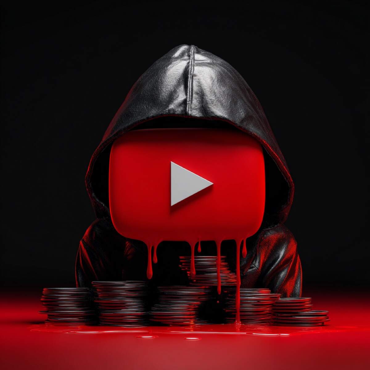 YouTube DMCA every hour counts - hooded figure with YouTube logo and dripping coins representing urgent revenue loss from content theft