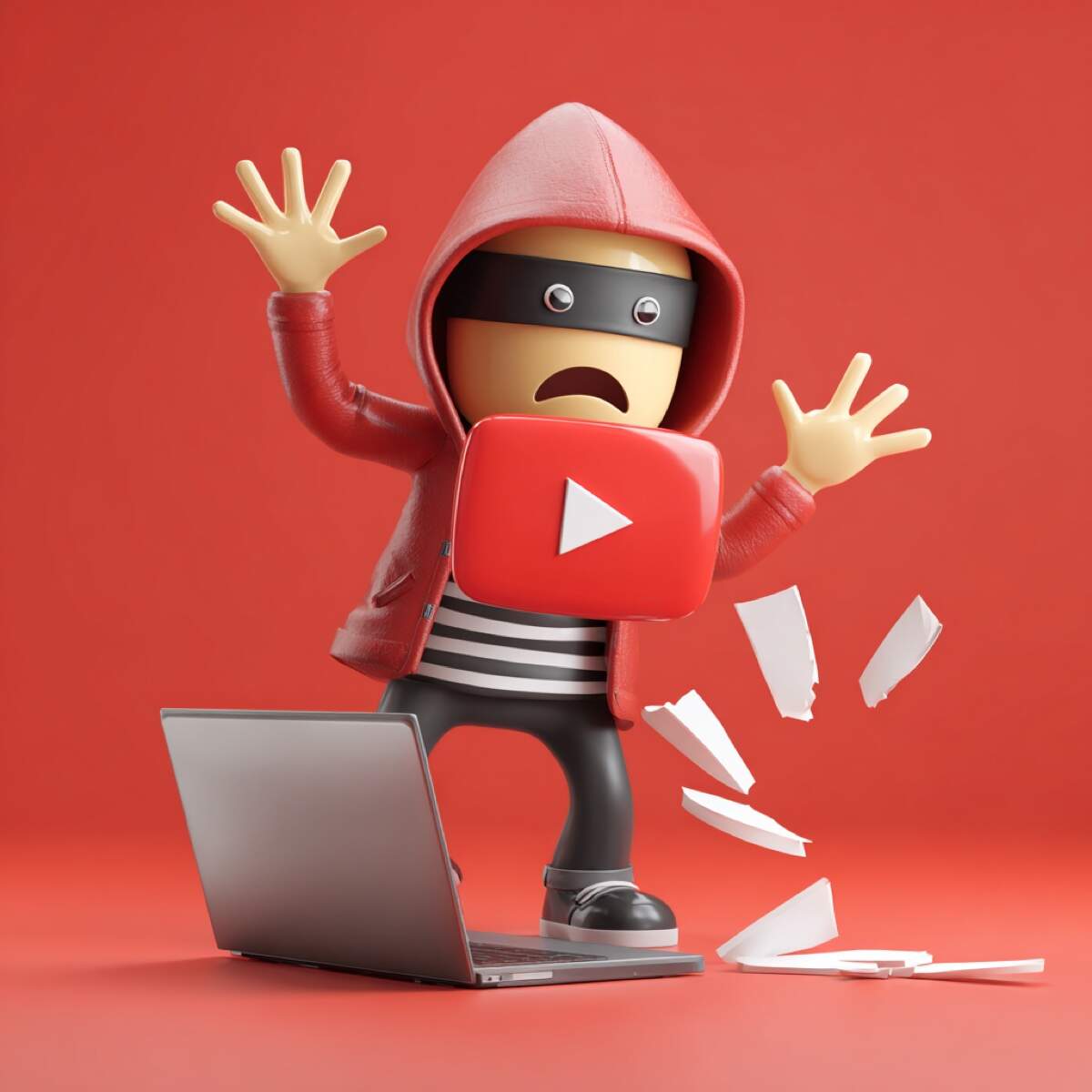 YouTube DMCA hidden cost video theft - content creator character expressing distress from stolen YouTube videos and lost ad revenue